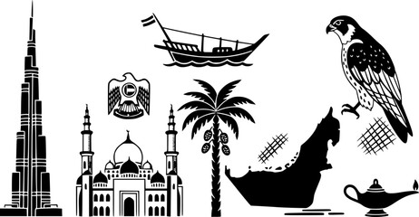 Hand drawn united arab emirates symbols and landmarks in black and white
