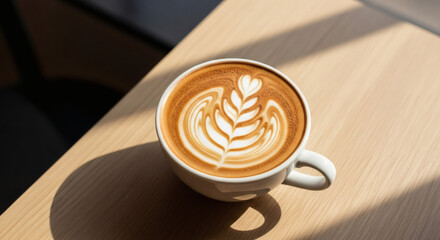 Delicious latte art in a white mug on a wooden table, top view
