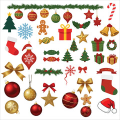 set of Christmas elements, Festive Christmas ornaments and decorations assortment vector for holiday cheer