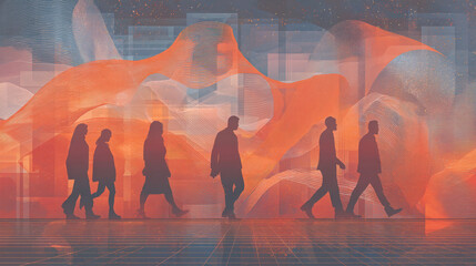 Silhouettes of diverse people walking together in a surreal abstract landscape with vibrant orange and blue hues