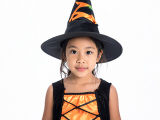 An Enchanting Close-Up Portrait of a Little Girl in a Halloween Costume, Standing Cheerfully Isolated on a Pure White Background