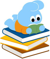 책 위에서 책을 읽는 하늘색 토끼 캐릭터 © HAGRIMONG