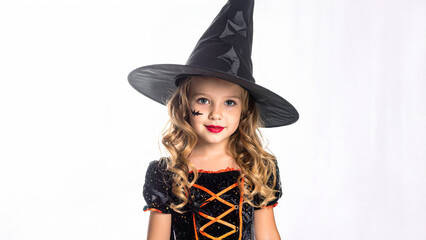 An Enchanting Close-Up Portrait of a Little Girl in a Halloween Costume, Standing Cheerfully Isolated on a Pure White Background