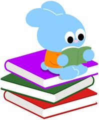 책 위에서 책을 읽는 하늘색 토끼 캐릭 © HAGRIMONG