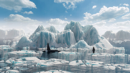 A killer whale hunts a penguin among icebergs. 3d realistic illustration.