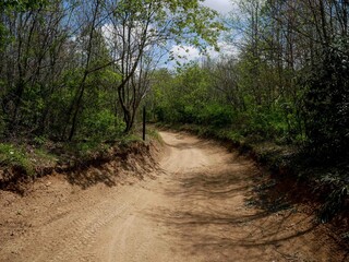 Wide OHV trail in Hatfield Mccoy trail system in West Virginia in springtime