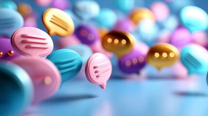 Pastel color speech bubbles illustration, many colorful communication icons on blue backdrop, concept of social media interaction, online communication, surveys, feedback in intern