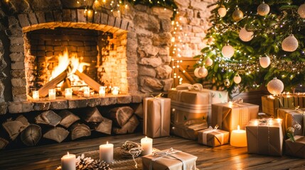 An enchanting rustic Christmas scene featuring a stone fireplace, a beautifully adorned tree, and a collection of wrapped gifts, evoking a sense of warmth and holiday spirit for any home.