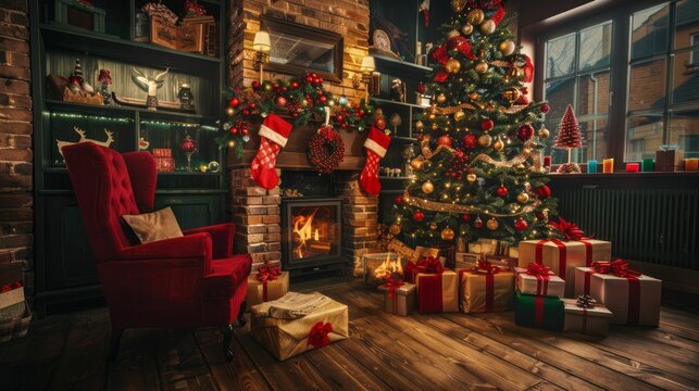 This image showcases a well-decorated brick living room with a lush Christmas tree, stockings, and vibrant ornaments, creating a stylish and cozy environment perfect for holiday celebrations.