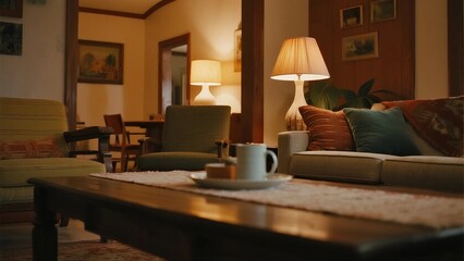 A warmly lit living room featuring cozy furniture, lamps, and decorative elements creating a relaxing atmosphere.