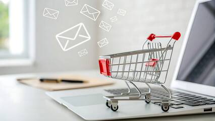 Online shopping cart on laptop with email icons