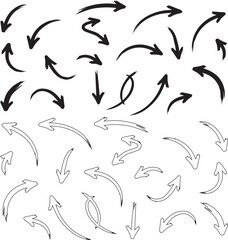 Collection of hand drawn sketchy arrows and curved directional pointers in black ink on white background