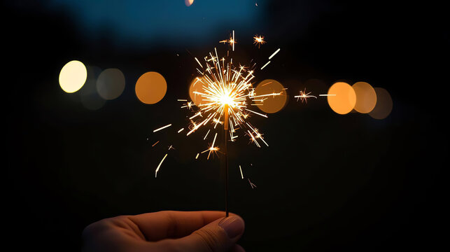 A hand is holding a lit sparkler against a dark background. The sparkler is emitting bright sparks and has a glowing center.