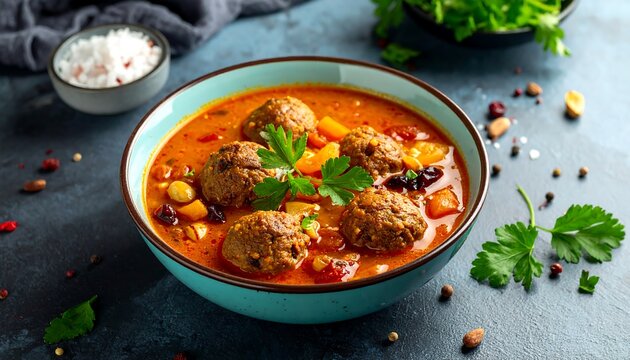 Close-up of a flavorful stew with meatballs and colorful vegetables - Powered by Adobe