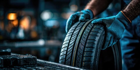 Mechanic wearing gloves adjusting a car tire in repair workshop