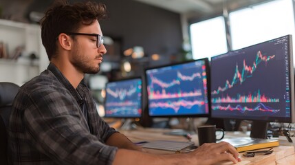 Young man analyzing stock market data on multiple computer screens