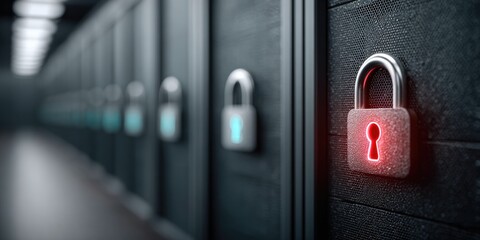 Cybersecurity concept with glowing red padlock in dark data server room