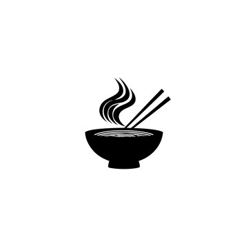 Steaming Hot Asian Noodle Soup Bowl with Chopsticks Icon. Black and White Vector Illustration for Restaurant or Food Design.