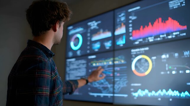 Analyst pointing at data visualization on a large screen in a modern office