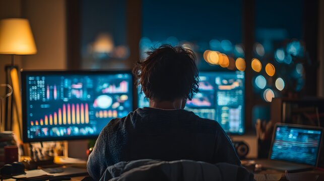 Man working late at night on computer with data visualizations