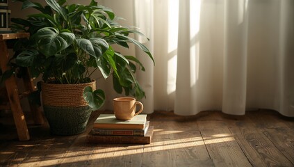 Cozy morning sunlight streams through sheer curtains onto books and indoor plant