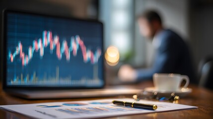 Analyzing financial data on a laptop with charts and graphs in an office setting