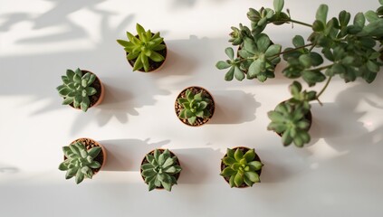 Modern succulents beautifully arranged on a bright white surface with shadows