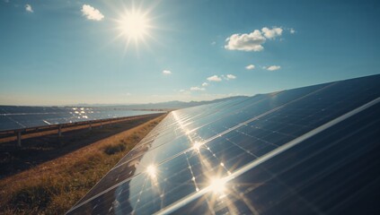 Clean energy future with solar panels gleam beneath a bright sun, power innovation
