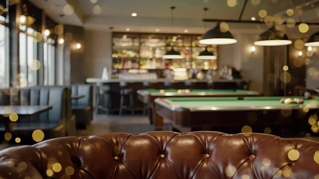 A luxurious lounge area with a leather couch, pool tables, and a wellstocked bar in the background vintage gold bokeh light