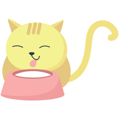 Cartoon cat drinking milk from bowl vector icon. Isolated cute kitten pet domestic animal eating illustration on white background