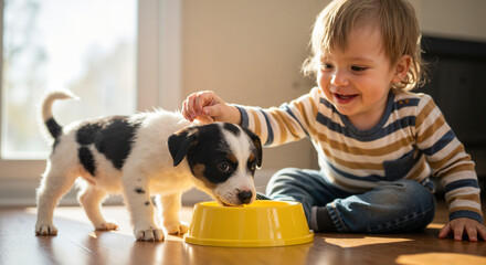 Toddler smiling while playing with puppy near yellow food bowl  