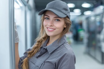 A cheerful young woman in a gray uniform and cap cleans refrigerator shelves in a supermarket, smiling and maintaining cleanliness, ensuring a fresh shopping experience for customers.