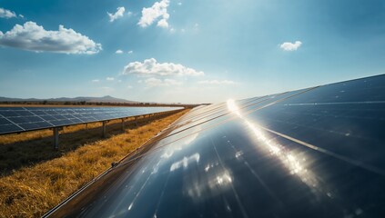 Brilliant sunlight reflecting from solar panels on a sunny day, promoting clean energy