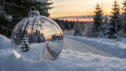 Clear christmas ornament reflecting a snowy forest landscape at sunset with warm golden light