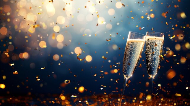 A vibrant scene of champagne glasses clinking together amidst a shower of golden glitter confetti, symbolizing celebration, unity, and the shared joy of special occasions with friends and family.