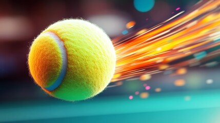 Close-up action shot of a vivid bright yellow tennis ball in motion with fiery trailing flames.