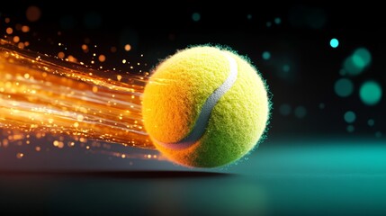 Dynamic Action Shot of a Bright Yellow Tennis Ball in Motion Trailing Vivid Intense Flames Against a Dark Background
