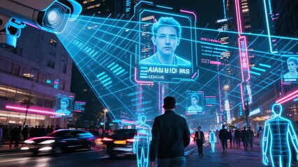Advanced security system projects holographic human profiles across bustling metropolitan landscape. Neon-colored digital tracking grid overlays nighttime cityscape with dynamic pedestrian movement. - Powered by Adobe