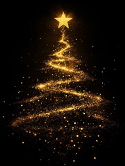 A glowing Christmas tree made of golden sparkles with a star on top against a black background creates an enchanting festive scene