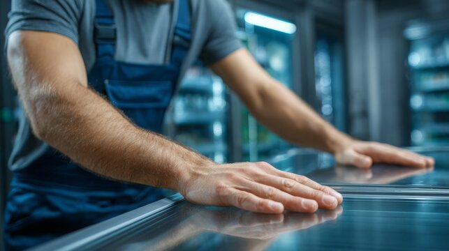 A close-up shot of a repairman's hands working on a refrigerated display case in a store, showing his professional attire and expertise with focus on the metal surface.