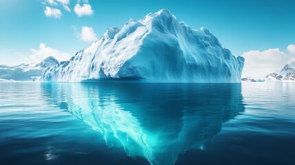 A Photorealistic Image of a Large Iceberg in Sunny Weather with Visible Top and Partially Hidden Bottom in Murky Water
