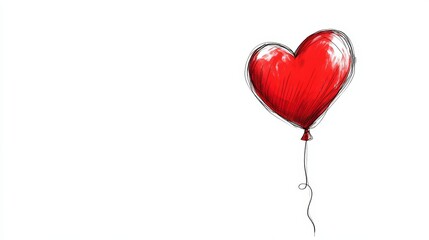 Single Red Heart-Shaped Balloon in Minimalist Line Art on White Background