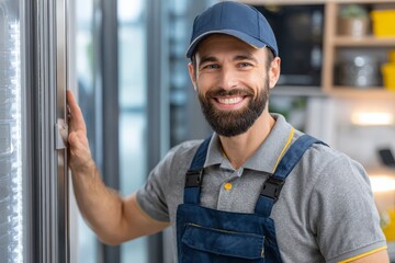 A smiling refrigerator repairman in blue uniform and cap opening a fridge door, with a bright and friendly expression, ready to solve any refrigeration issue.