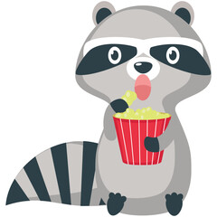 Raccoon eating popcorn vector cartoon icon. Cartoon little animal holding pop corn pack bowl illustration isolated on white background
