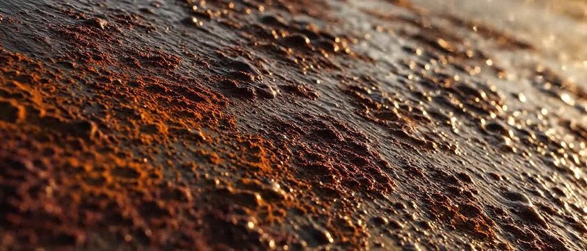 Macro time-lapse showing metal surface corroding / rust forming over days under changing weather, texture focus.