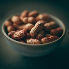 A close up shot of a bowl filled with peanuts in their shells on a dark surface with soft lighting