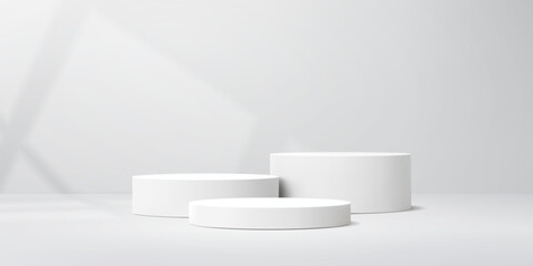3D white podium stage with window shadow light for product display, vector studio showroom. White podium with round stage platforms for exhibition showcase scene background or cosmetics display