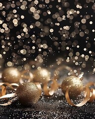 This enchanting image showcases glittering gold Christmas ornaments scattered on a dark surface, radiating festive cheer and sophistication, evoking warmth and joy during the holidays.