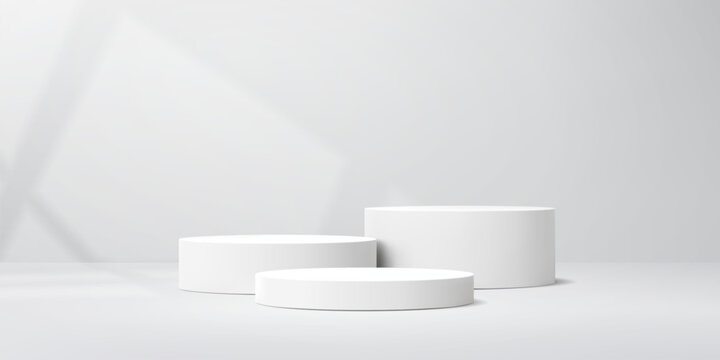 3D white podium stage with window shadow light for product display, vector studio showroom. White podium with round stage platforms for exhibition showcase scene background or cosmetics display