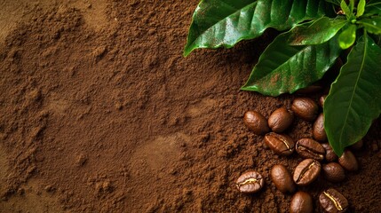 Rustic coffee bean fragments on wooden table with blank space for creative decoration and natural texture